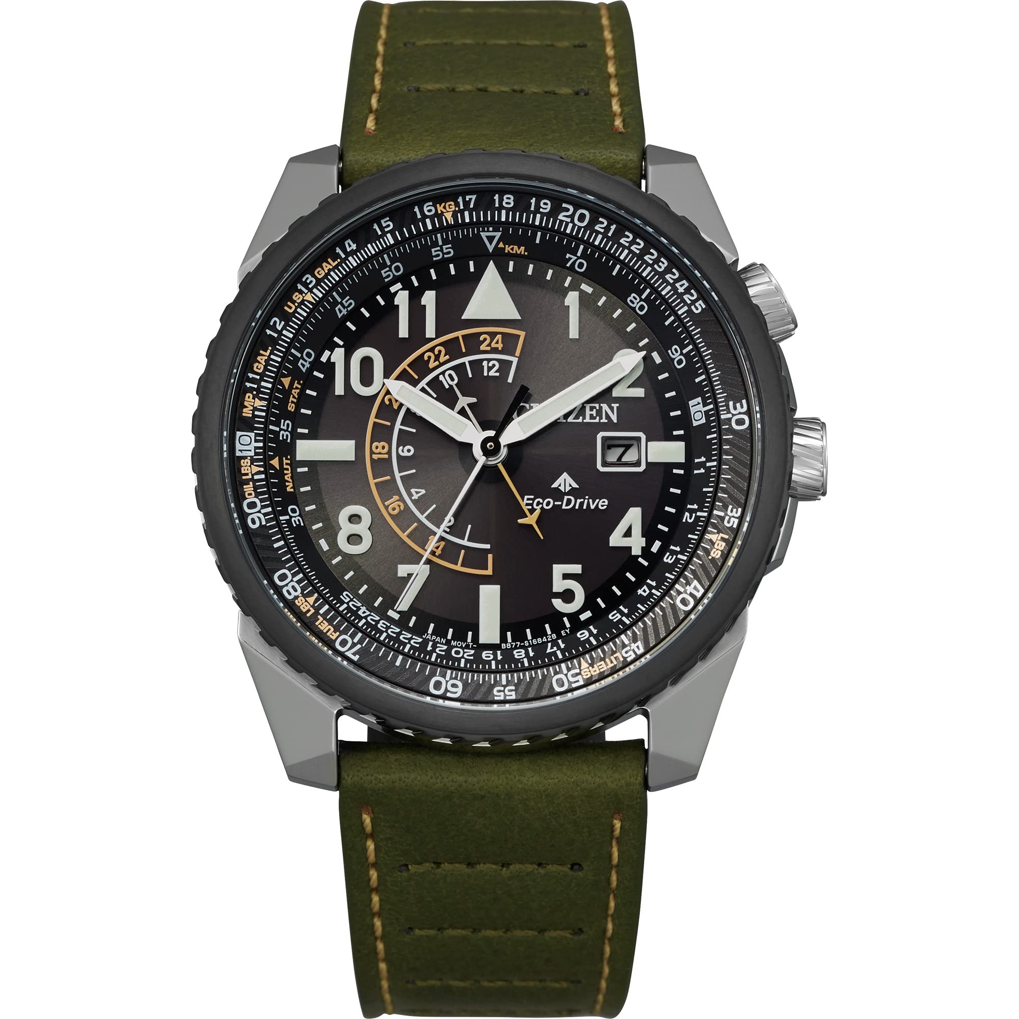 Citizen Men's Eco-Drive Promaster Air Nighthawk Pilot Watch in Stainless Steel with Olive Green Leather Strap, Black Dial (Model: BJ7138-04E)
