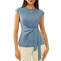 GRACE KARIN Womens Cap Sleeve Tops Summer Tie Waist Crew Neck Elegant Blouse Dressy Casual Solid Color Shirts