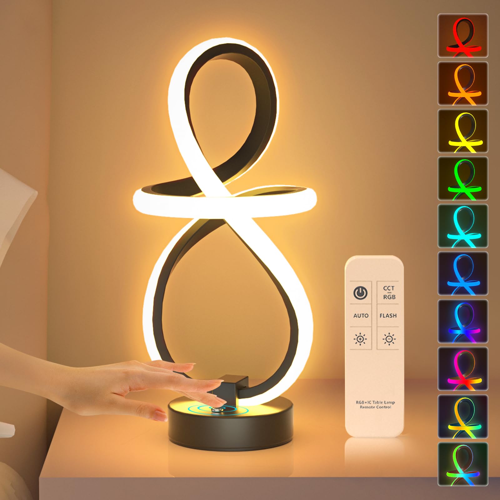 PutWish Spiral LED Table Lamp, 16 Modes RGB+IC Color Changing Bedside Lamp with Memory Function, Touch & Remote Control 3 Way Dimmable Small Modern Table Lamp for Home Party and Christmas Gifts