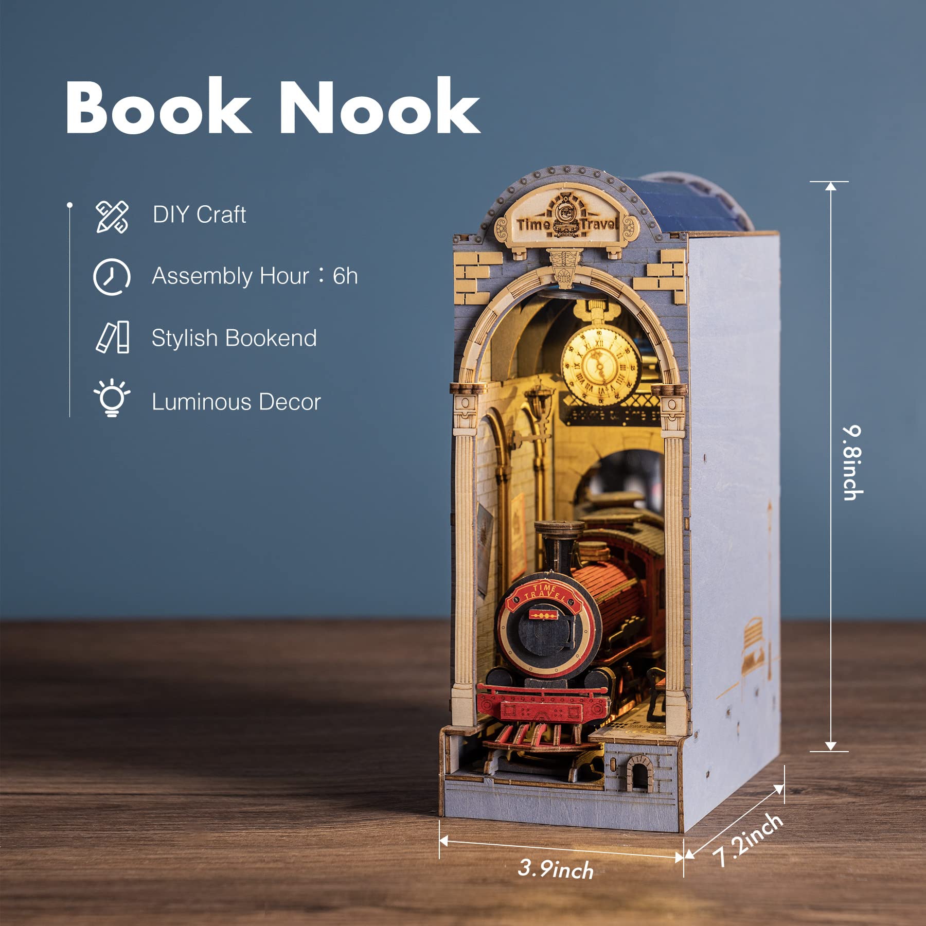 ROBOTIME DIY Book Nook Kit Insert Bookcase Book Stand 3D Wooden Puzzle DIY Miniature House Wood Bookends Book Nook Model Building Kit with LED Light Booknook Decoration