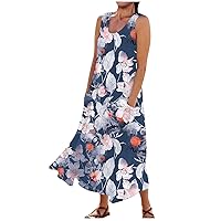 2024 Summer Dresses for Women Casual Solid Colour Printed Sleeveless Round Neck Pocket Plus Size Dress