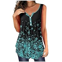 Ladies Dressy Tank Top Floral Print Sleeveless Shirts Womens Pleated Tanks Casual Loose Fit Hide Belly Tunic Tops