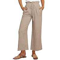LILLUSORY Women's Linen Pants Casual High Waisted Wide Leg Paperbag Pants with Pockets