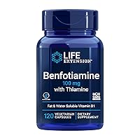 Life Extension Benfotiamine with Thiamine, Fat & Water Soluble Vitamin B1, Gluten Free, Healthy Metabolism, Non-GMO, Vegetarian, 100 mg, 120 Vegetarian Capsules