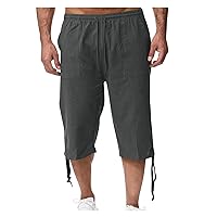 Men's Elastic Waist Drawstring Linen Cargo Shorts Below Knee Length 3/4 Capri Pants Big Tall Casual Shorts