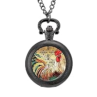 Vintage Rooster Art Pocket Watch Roman Numerals Scale Quartz Pocket Watches with Chain for Xmas Gifts