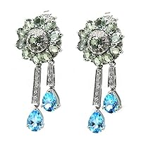 Blue Topaz, Color Sapphire & Diamond Solid 14K White Gold Earrings (H-I, I1-I2)