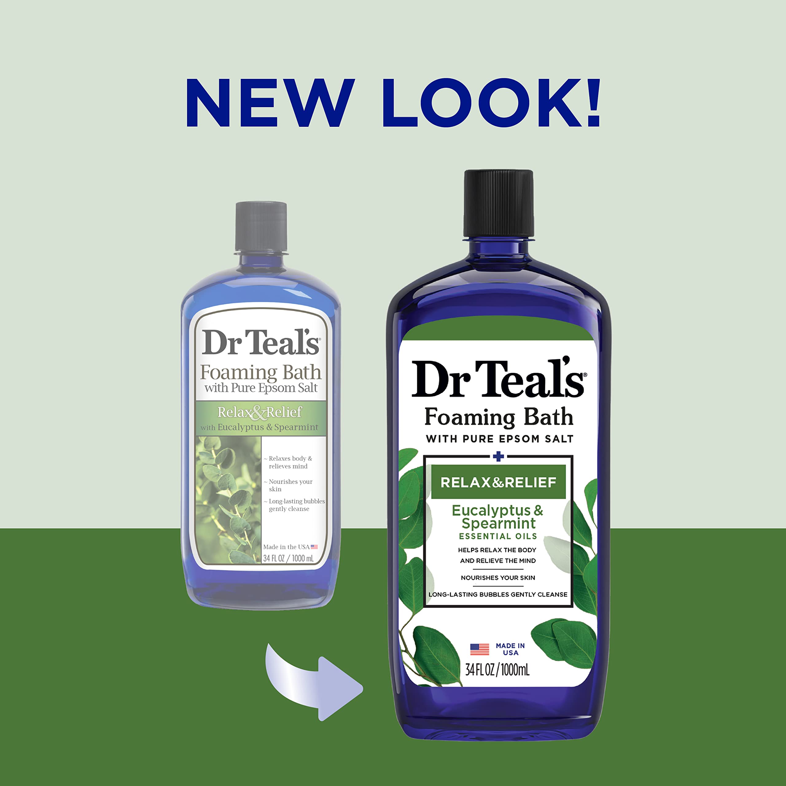Dr Teal's Foaming Bath with Pure Epsom Salt, Relax & Relief with Eucalyptus & Spearmint, 34 fl oz (Packaging May Vary)
