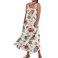 Women's Summer Dresses Casual, Floral Sleeveless Cotton with Pocket Long Dress Flower, S XXXXXL