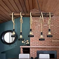 Farmhouse Pendant Lights Kitchen Island, Kitchen Light Fixtures, Rustic Dining Room Light Fixture with 5 E26 Bulb Sockets, Black Metal and Wood Beam Ceiling Pendant Light Fixtures