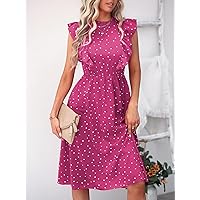 Women's Dress Random Confetti Heart Print Frill Neck Ruffle Trim Dress (Color : Hot Pink, Size : X-Small)