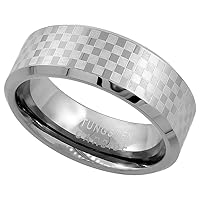 Tungsten Carbide 8 mm Flat Wedding Band Ring Etched Checker Board Pattern, Sizes 7 to 14