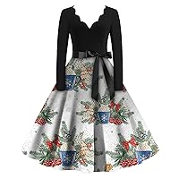 Christmas Dress for Women 1950S Vintage Snowflake Printed Long Sleeve V Neck Xmas Evening Prom Dresses with Belt