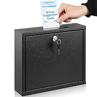 KYODOLED Suggestion Box with Lock and Slot, Wall Mounted Small Mailbox for Office, Key Drop Box with 50 Free Suggestion Cards, Safe Lock Box, Ballot Box, Donation Box, 3W x 10H x 12L Inch, Black
