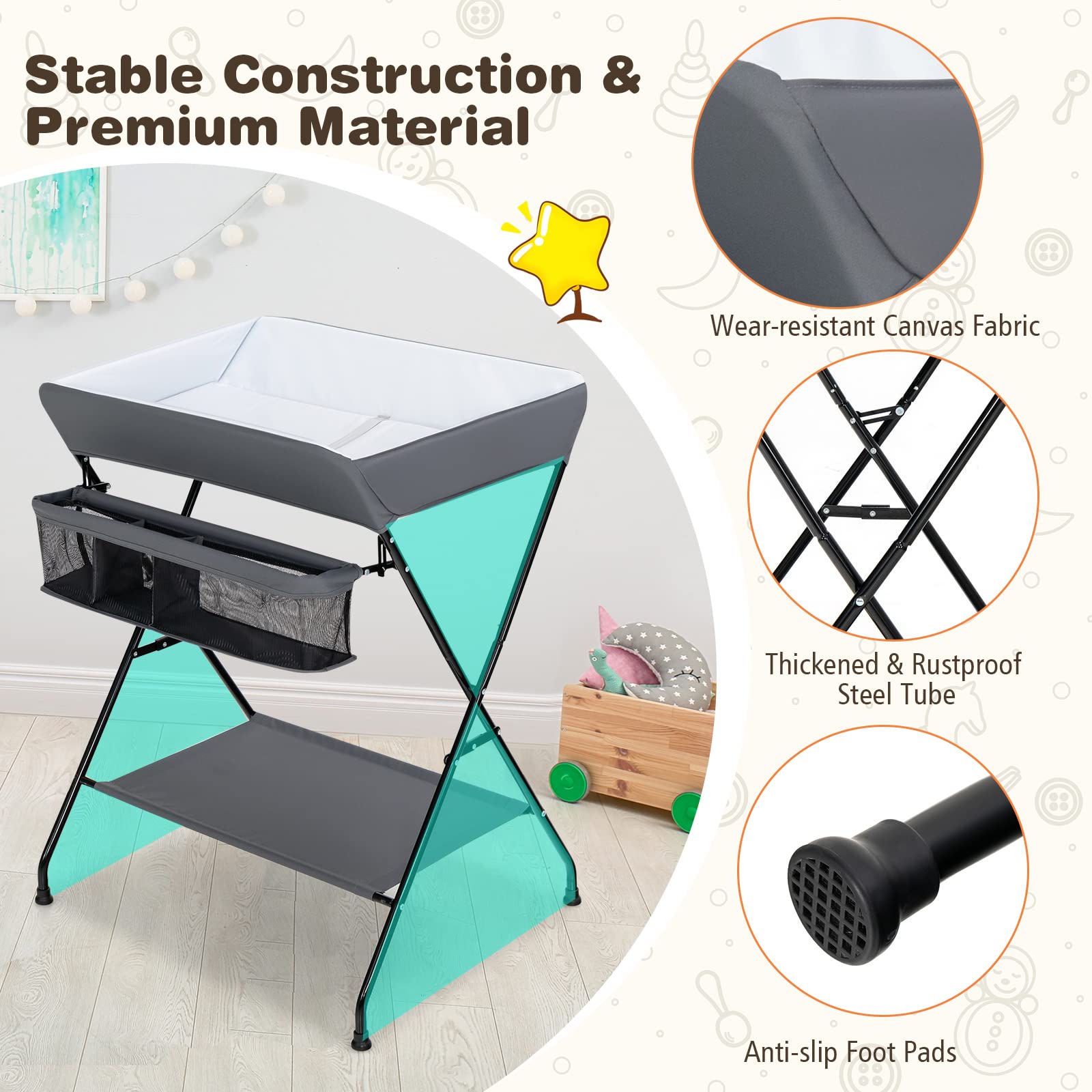 Costzon Baby Changing Table, Folding Diaper Station Nursery Organizer for Infant (Dark Gray)