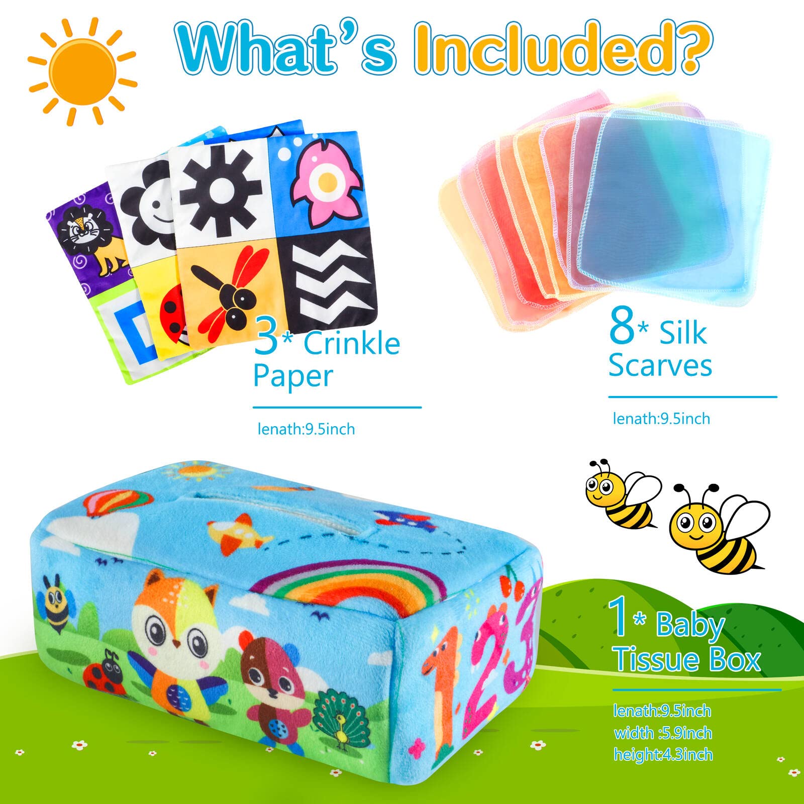 Montessori Toys for Babies 6-12 Months, Baby Tissue Box Toy Soft Stuffed Crinkle, Magic Tissue Box Play Scarves for Babies Sensory Tissue Toys for Infants, Newborns Early Development & Activity Toys