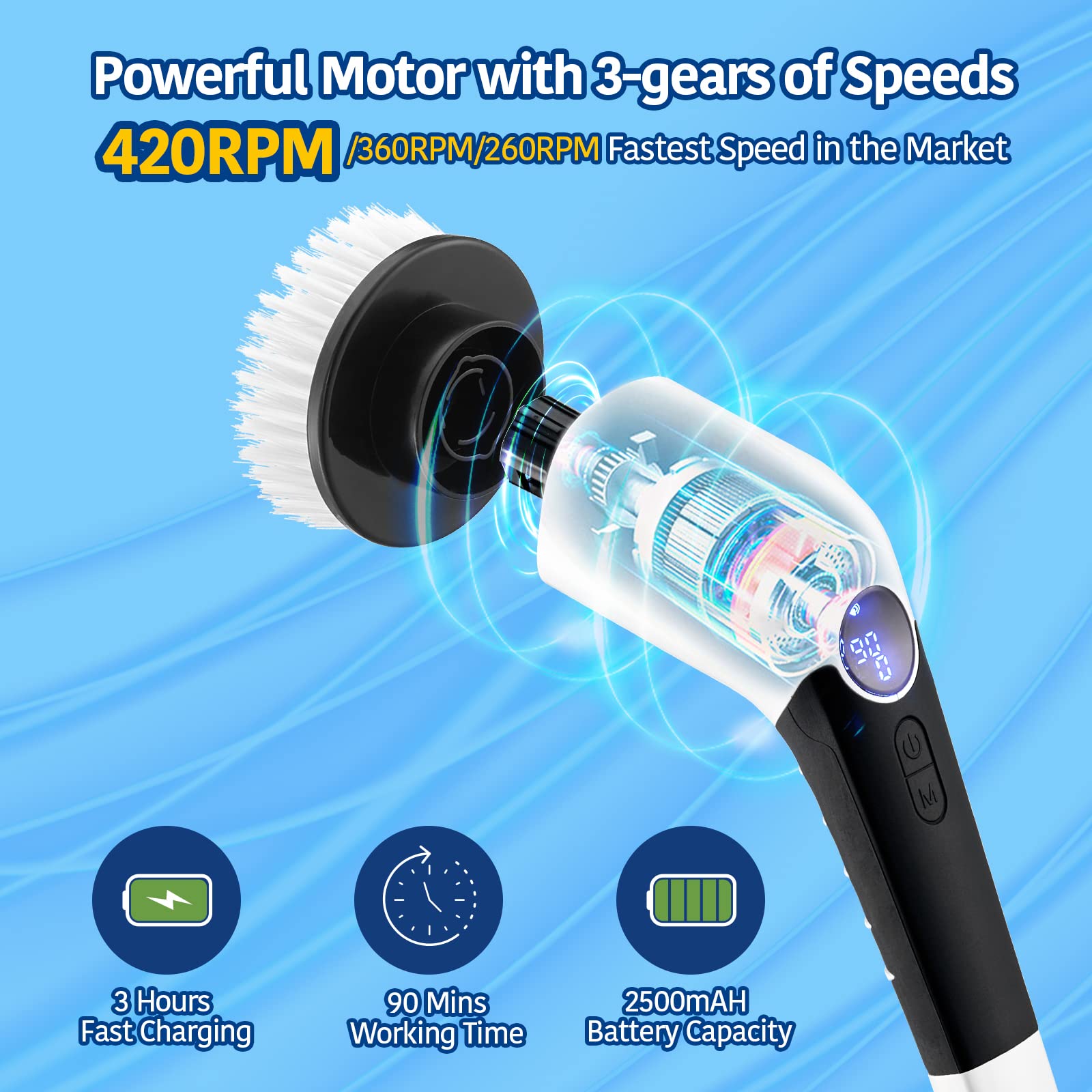 Keimi Electric Spin Scrubber, 2023 New Cordless Voice Prompt Shower Cleaning Brush with 8 Replaceable Brush Heads, 3 Adjustable Speeds, and Adjustable Extension Handle for Bathroom Floor Tile