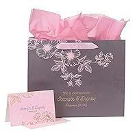 Christian Art Gifts Decorative Large Faith-based Landscape Gift Bag w/Scripture & Card & Tissue Paper Set for Women - Strength & Dignity - Proverbs 31:25 Inspirational Bible Verse, Gray & Pink Floral
