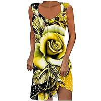 Womens Summer Dress 2024 Casual Round Neck Sleeveless Fashion Boho Floral Beach Dress Sundress Stretch Mini Dress