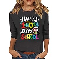 Happy 100 Days of School Teacher Student T-Shirt 3/4 Sleeve Crew Neck Tee Tops Women T-Shirt Basic Casual Tshirt