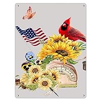 Decorative Metal Tin Sign 4th of July Patriotic Sunflower Cardinals Room Decor for Men Tin Signs for Living Room Home Entryway Summer America Flag And Birds Art Poster Gift for Indoor 12x16in