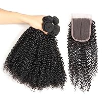 Brazilian Virgin Curly Hair 4 Bundles with Lace Closure Free Part 100% Unprocessed Brazilian Kinky Curly Human Hair Bundles with Lace Closure Natural Color Queen Plus Hair (24 24 26 26 +20)