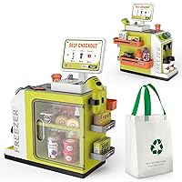 48-Piece Pretend Play Cash Register Toy Set - Calculator, Shopping Bag, Scanners, Credit Cards, Coffee Machine, Play Food - Gift for Boys and Girls Ages 3+