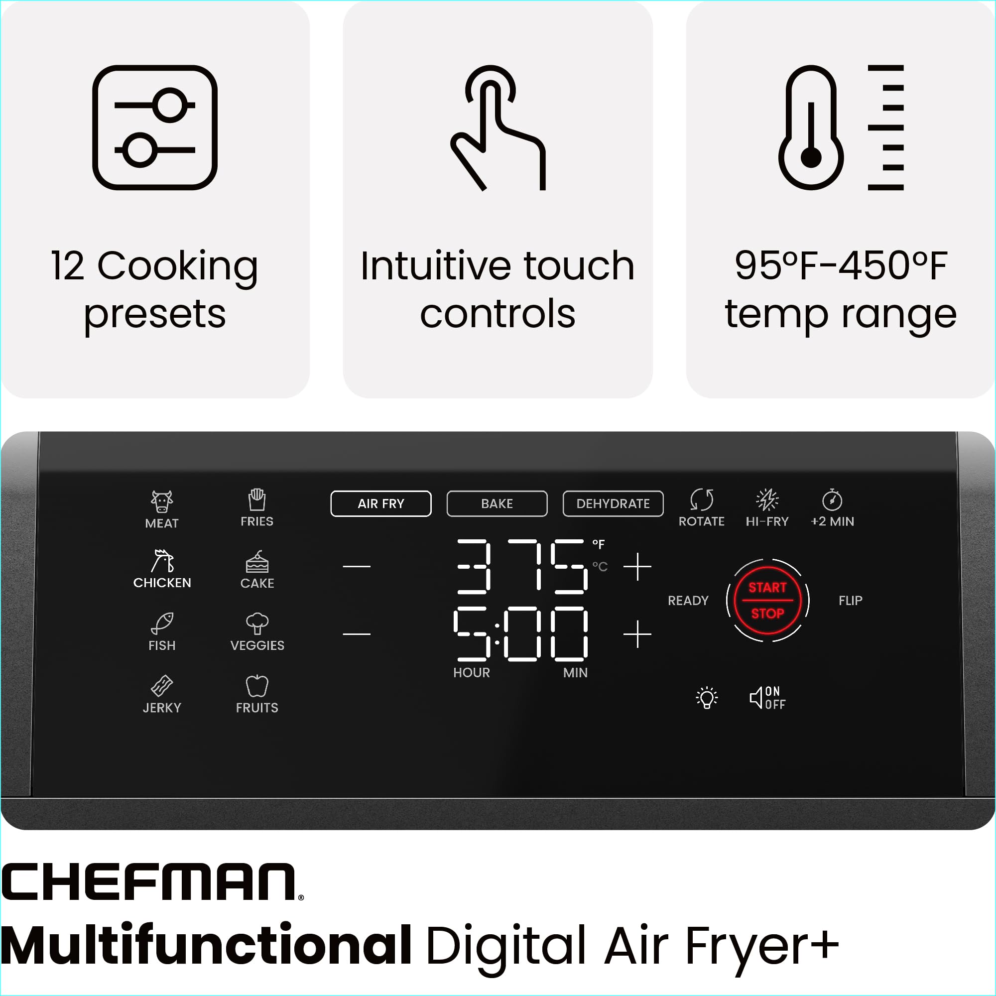 Chefman Air Fryer Oven - 12-Quart 6-in-1 Rotisserie Oven and Dehydrator, 12 Presets with Digital Timer and Touchscreen, Family Size XL Airfryer Countertop Convection Oven, Dishwasher-Safe Parts, Black