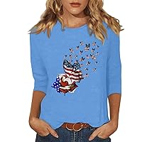 Womens 3/4 Length Sleeve Tops Crew-Neck Casual T Shirts 2024 Summer Loose Fit Flower Printing Blouse