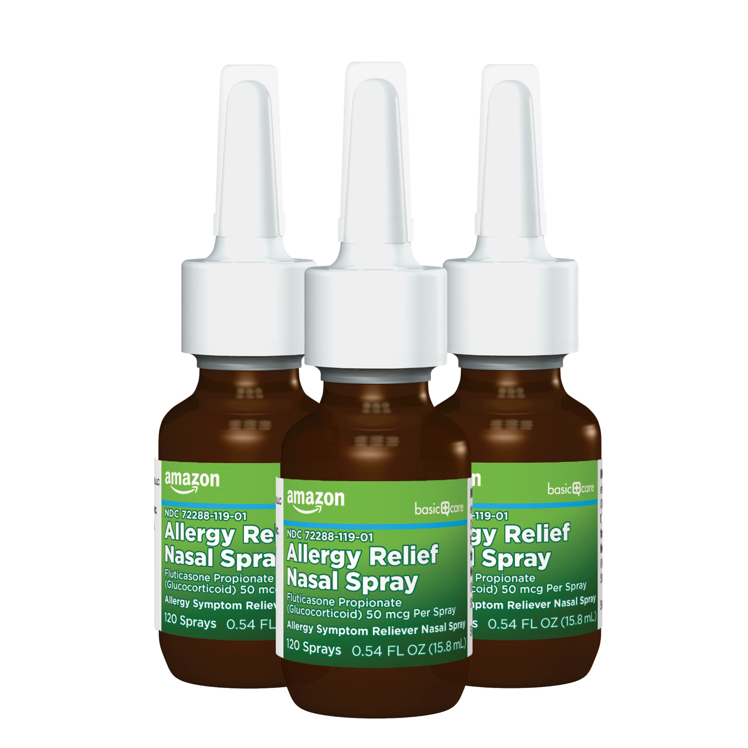 Amazon Basic Care 24-Hour Allergy Relief Nasal Spray, Fluticasone Propionate (Glucocorticoid), 50 mcg, Full Prescription Strength, Non-Drowsy, 1.62 Fl Oz (3 Packs of 0.54 Oz)