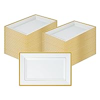 Moderna 12.8 x 8.3 Inch Premium Disposable Plates 10 Rectangular Plastic Plates For Parties - Gold-Rimmed Durable White Plastic Dinner Plates For Warm And Cold Foods