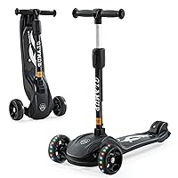 Kick Scooter Adjustable Height Adjustable Handlebar，Kids Scooter 3 Wheel with LED Lights，Suitable Kids Ages 2，Ages 6，Ages 8，Extra Wide Deck for Boys and Girls, Black