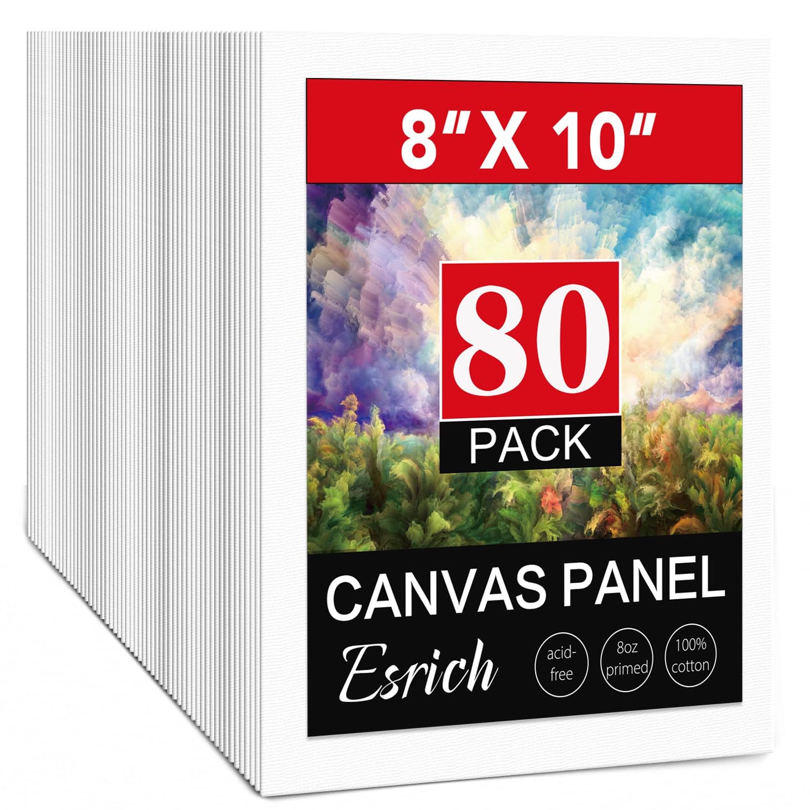 ESRICH Canvas Boards for Painting 8x10, 80 Pack Painting Canvas, Primed 100% Cotton Canvas Panels 8x10 for Oil Paint, Watercolor, Acrylic Paint, Gouache and Tempera.