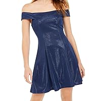 | Off the Shoulder Metallic Fit and Flare Dress | Royal/Navy