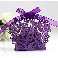 50 Pack Laser Cut Butterfly Wedding Candy Boxes with Ribbon Party Favor Boxes Small Gift Boxes for Wedding Bridal Shower Anniversary Birthday Party (Purple)