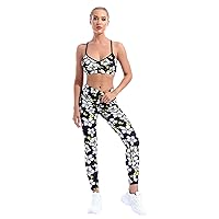dPois Women's Flower Print Athletic Bra Crop Top + Athletic Legging Yoga Pants Sport Fitness Clothes Set