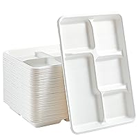 Vplus 100% Compostable 5 Compartment Paper Plates, 100 Pack, 12.5 * 8.6 inch Disposable School Lunch Trays, Eco-Friendly Bagasse Plates for Buffet, and Party