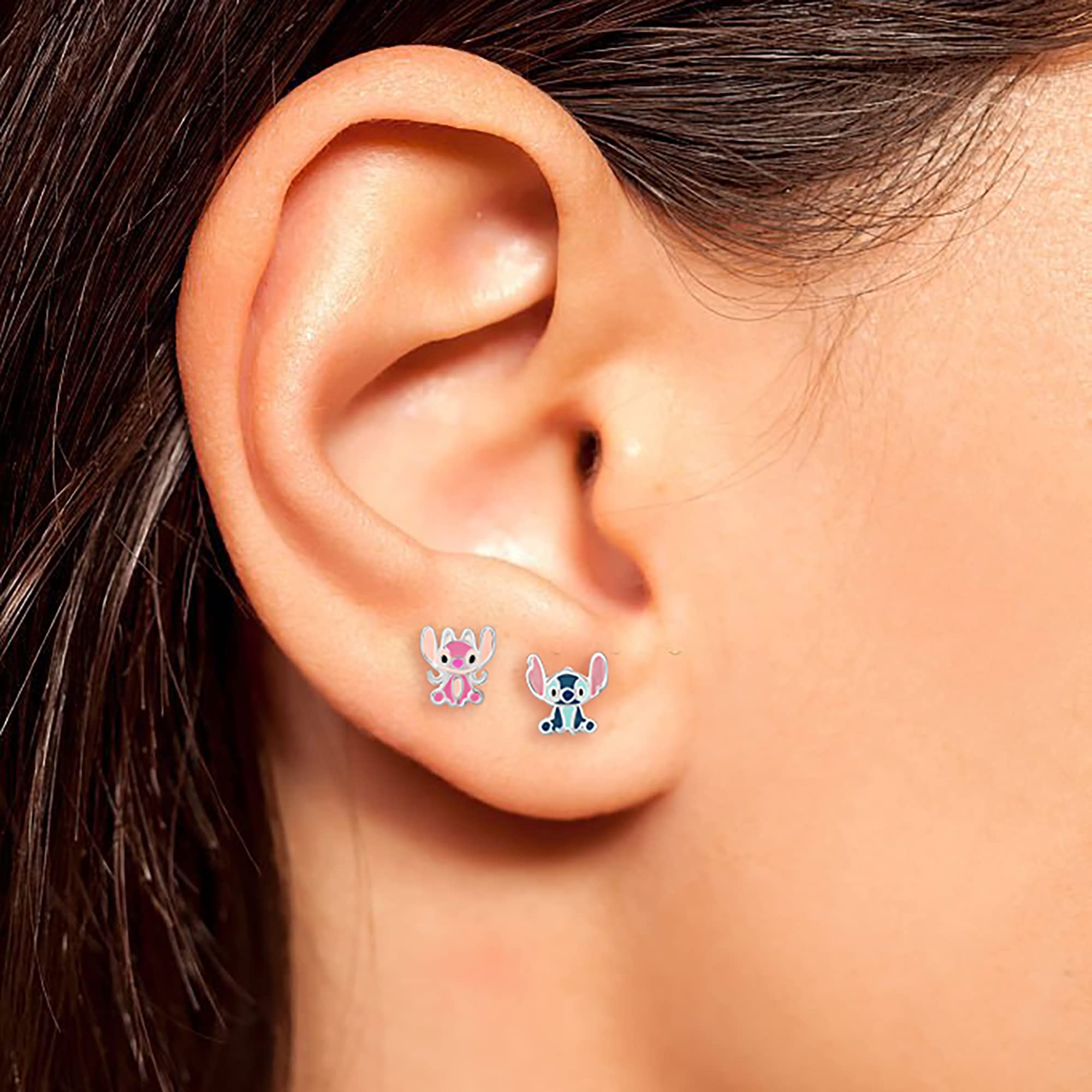 Disney Lilo & Stitch Stud Earrings Sterling Silver - Mismatch Angel & Stitch Girls Earrings - Officially Licensed