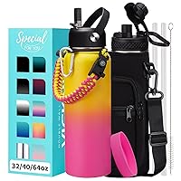 40 oz Water Bottle with Straw - Stainless Steel Water Bottles Insulated w/ Auto Spout Lid, Strap Carrying Case, Paracord Handle, Silicone Boot, Double Wall Metal Water Flask Thermo Mug Keep Cold Hot