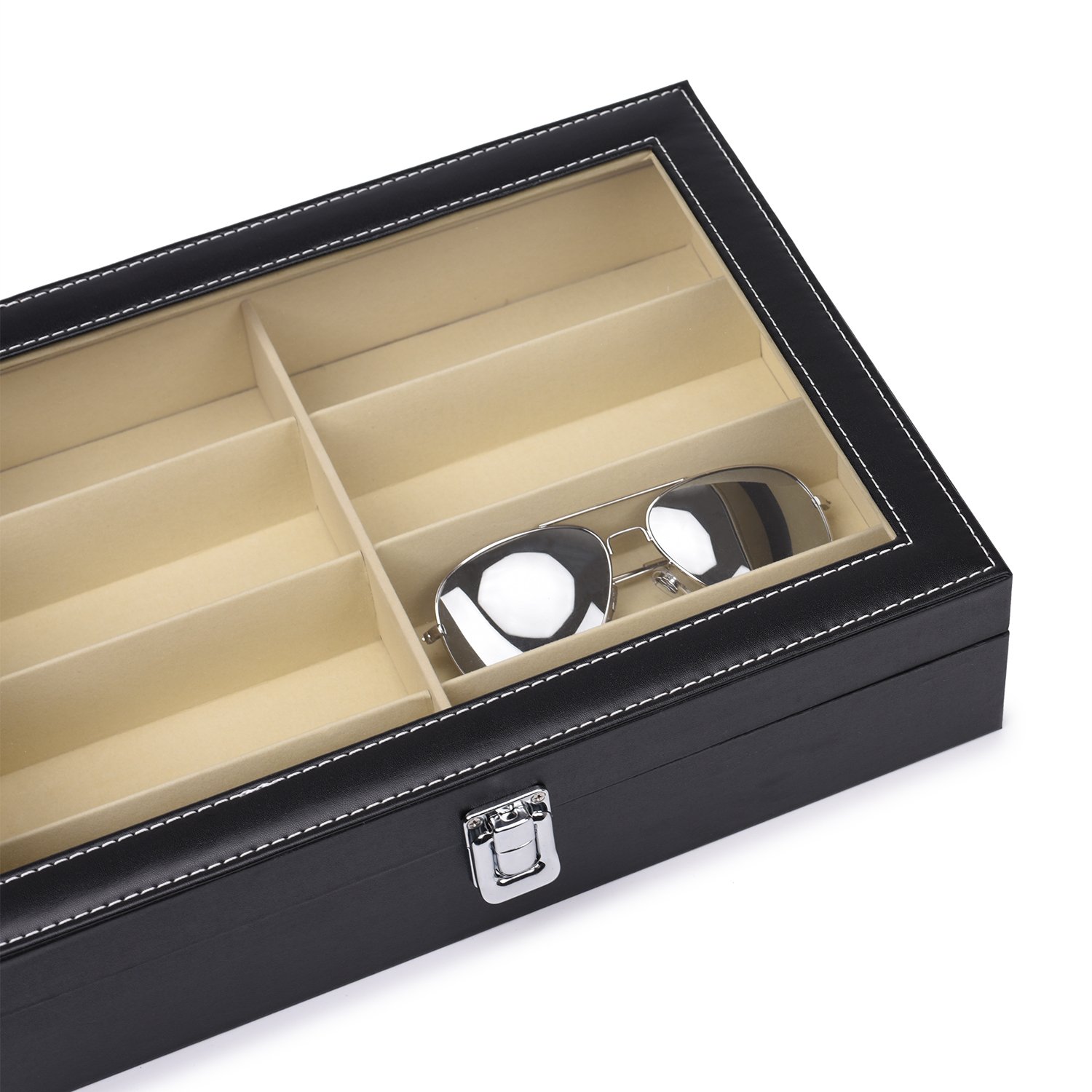 Sunglasses Eyeglass Organizer, 8 Slots PU Leather Eyewear Storage Box Jewelry Display Case Watch Box with Glass Lid