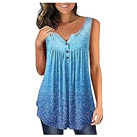 Womens Summer Tanks Casual Sleeveless Henley Shirt Button Scoop Neck Tunic Pleated Blouse Flowy Tank Tops for Women