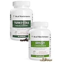 Real Mushrooms Ergothioneine (60ct) and Turkey Tail (90ct) Bundle with Shiitake and Oyster Mushroom Extracts - Longevity and Immunity with Highest Levels of Beta-Glucans - Vegan, Gluten Free, Non-GMO