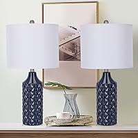 Modern Ceramic Table Lamp, Set of 2 - Navy Blue with Diamond Protrusions Texture, 25'' Nightstand Lamp for Bedroom Living Room, 3-Way Dimmable Included
