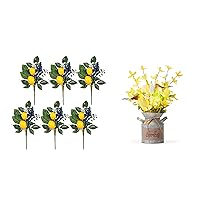 Valery Madelyn 6 Packs Spring Picks with Lemon, Blueberry and Green Leaves&Lighted Fake Flowers Arrangement for Summer Farmhouse Rustic Home (2 Items Buddle)