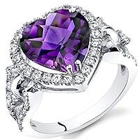 PEORA Amethyst Large Heart Halo Ring for Women 14K White Gold with White Topaz, Genuine Gemstone, 3 Carats 10mm, Sizes 5 to 9
