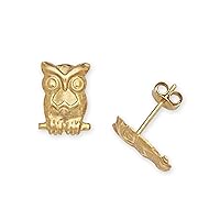 Real 14k Yellow Gold Textured Owl Bird Post Earrings - 6mm x 9mm - Owl Earrings for Women Girls - Hypoallergenic Earrings for Children
