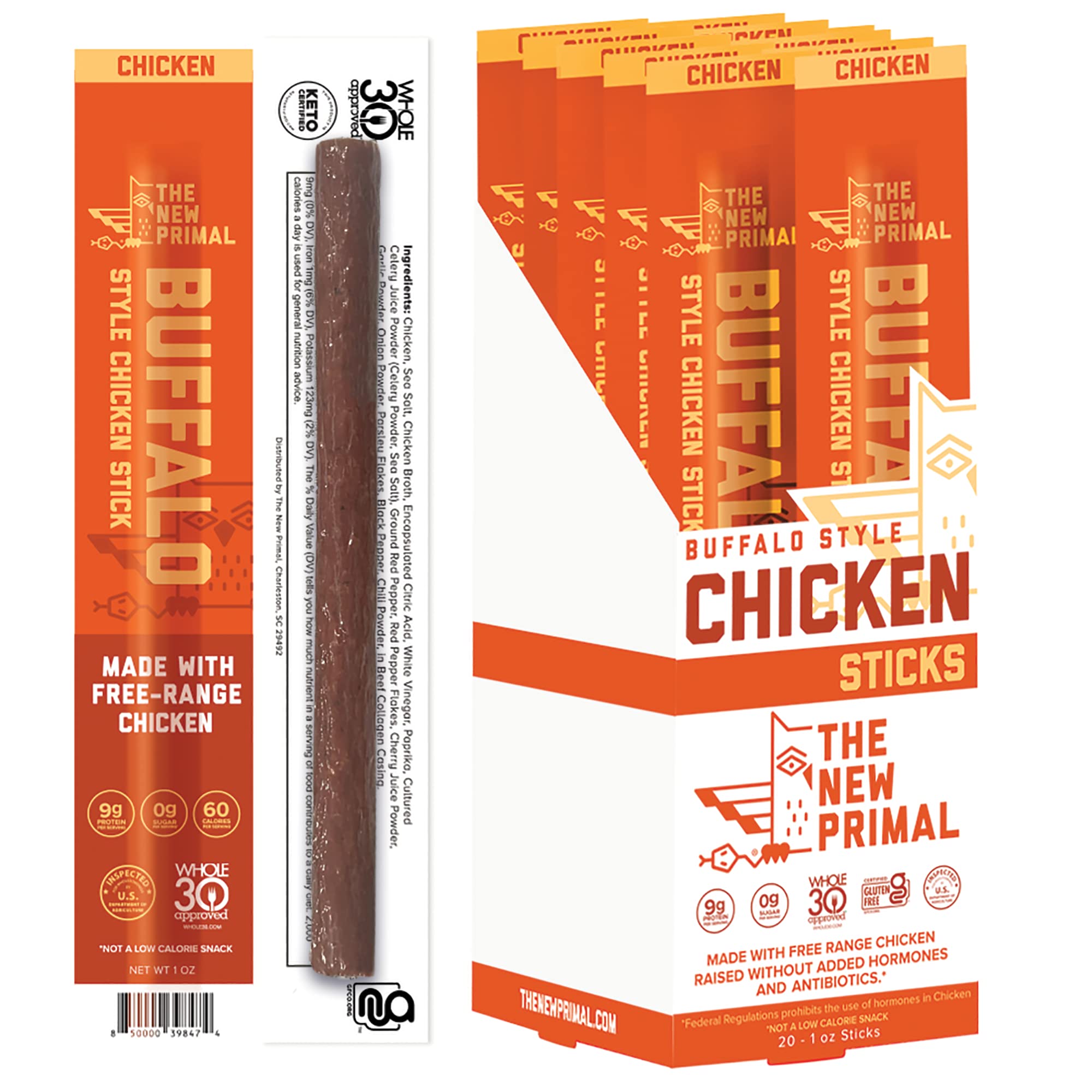 The New Primal, Buffalo Chicken Meat Stick, Free-Range Chicken, Paleo, Keto & Whole30 Approved, Chicken Jerky, Gluten, Dairy & Soy Free, 1 oz, Pack...