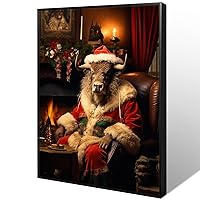 (20x24 inch, Black Metal Frame) Mr. Bison Christmas Vacation: Framed Canvas Prints Painting of a Funny Animal Poster for Christmas Decorative Poster and Home Decor Wall Art.