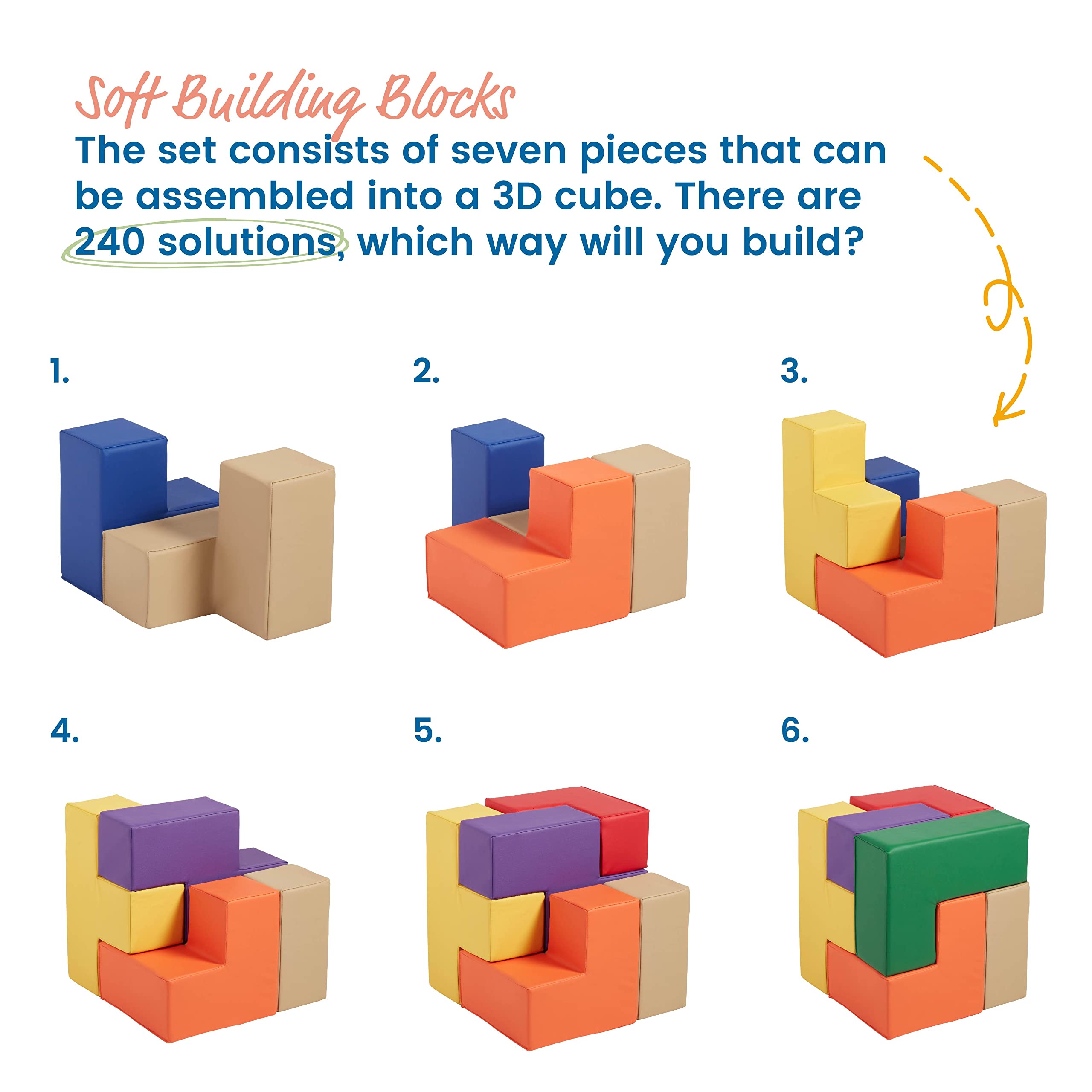 ECR4Kids SoftZone Brainy Blocks, Building Blocks, Assorted, 7-Piece