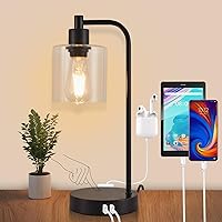 Table Lamp for Bedroom, Bedside Lamp with 3 Dimming Settings, Small Lamp with 2 USB Ports and 1 AC Outlet, Modern Nightstand Lamp with Glass Shade, Touch Lamp for Bedroom Nightstand, LED Bulb Included